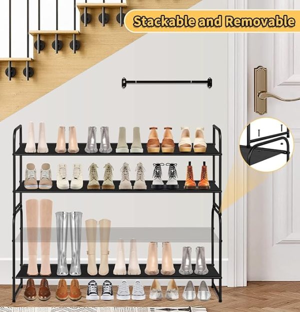 SLEEPING LAMB Long 2-Tier Shoe Organizer for Closet, Stackable Wide Shoe Rack Holds 18-Pairs Low Shoe Shelf Storage for Bedroom, Floor, Entryway(Black) - Image 4