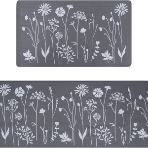 Rempry 2 Pcs Kitchen Rugs and Mats, Cushioned Anti-Fatigue Floor Mat, PVC Non-Slip Waterproof Kitchen Rug Set for Kitchen, Office, Sink 17"x47"+17"x29" (Grey)