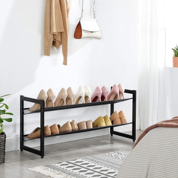 VASAGLE Shoe Rack, 2-Tier Stackable Shoe Organizer, Metal Shoe Storage Shelf with Adjustable Flat or Angled Shelves, 12.1 x 36.4 x 16.5 Inches, Holds 8-10 Pairs, Ink Black ULMR002B01 - Image 3