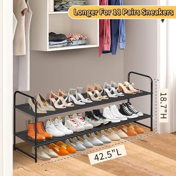 SLEEPING LAMB Long 2-Tier Shoe Organizer for Closet, Stackable Wide Shoe Rack Holds 18-Pairs Low Shoe Shelf Storage for Bedroom, Floor, Entryway(Black) - Image 6