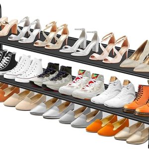 SLEEPING LAMB Long 2-Tier Shoe Organizer for Closet, Stackable Wide Shoe Rack Holds 18-Pairs Low Shoe Shelf Storage for Bedroom, Floor, Entryway(Black)