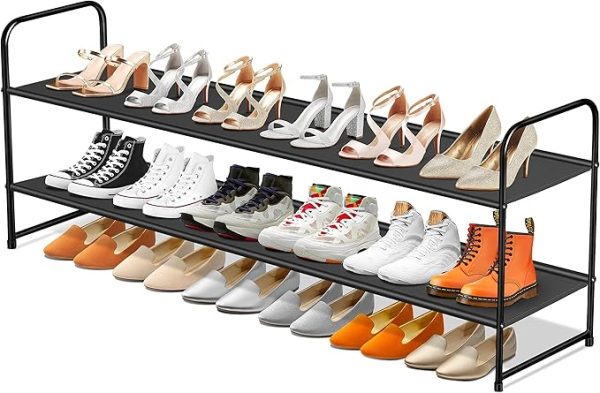 SLEEPING LAMB Long 2-Tier Shoe Organizer for Closet, Stackable Wide Shoe Rack Holds 18-Pairs Low Shoe Shelf Storage for Bedroom, Floor, Entryway(Black) - Image 7