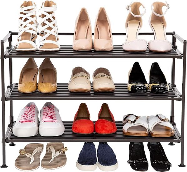 Seville Classics Sturdy Freestanding Storage Shelf for Bedroom, Closet, Entryway, Dorm Room Organizer Stackable Durable Metal Shoe Rack Espresso Slat, 3-Tier (NEW MODEL) - Image 6