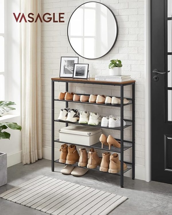 VASAGLE Shoe Rack for Entryway, 5 Tier Shoe Storage Shelves, 16-20 Pairs Shoe Organizer, with Sturdy Wooden Top and Steel Frame, Free Standing, Industrial, Rustic Brown and Ink Black ULBS038B01 - Image 6
